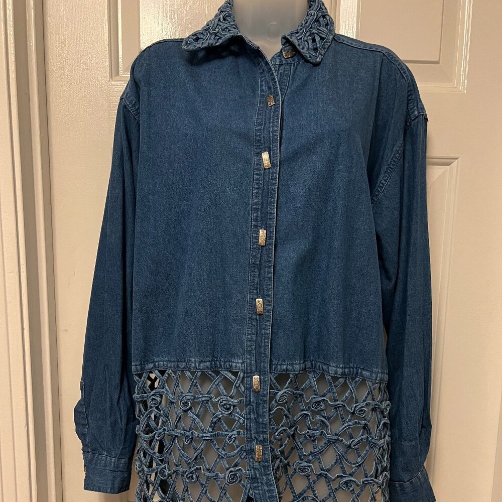 Button Down Denim Shirt with Criss Cross Collar/Bottom